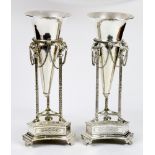 Pair Neoclassical style Sheffield plate trumpet vases on stand