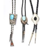 (Lot of 3) Native American multi-stone, silver bolo ties