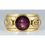 Star sapphire, diamond, 18k yellow gold ring