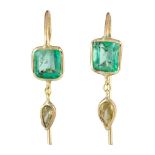 Pair of emerald, diamond, 14k yellow gold earrings
