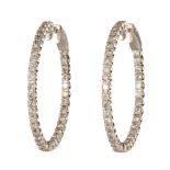 Pair of diamond, 14k white gold hoop earrings