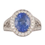 Sapphire, diamond, 14k white gold ring