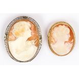 (Lot of 2) Shell cameo, 14k gold pendant/brooches