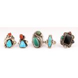(Lot of 5) Native American multi-stone, sterling silver, silver rings