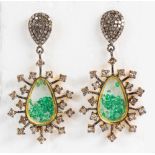 Pair of emerald, diamond, silver, 18k yellow gold earrings