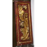 Continental style partial gilt and red painted architectual panel