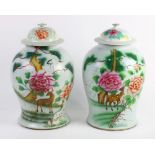 (lot of 2) A pair of Chinese Famille-rose Lidded Jars, of compressed globular shape