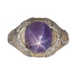 Star sapphire, diamond, white and yellow gold ring