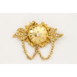 Diamond, cultured pearl, 14k yellow gold brooch