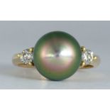 Tahitian cultured pearl, diamond, 18k yellow gold ring