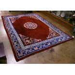 Chinese sculpted carpet, blue and burgundy with lotus deco, 9'x 12'