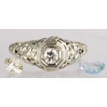 (Lot of 3) Diamond, aquamarine, 14k white gold ring and unmounted stones Including 1) ring,