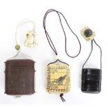 (lot of 3) Japanese two inro and a tobacco pouch: a black lacquer four-case inro with a netsuke of