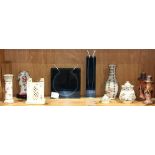 One shelf with (2) contemporary blue glass pocket vases; (3) German floral decorated porcelain