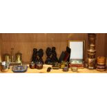 One shelf with a sterling silver mounted picture frame, a brass double inkwell, a pair of putti