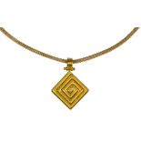 Yellow gold pendant-necklace Featuring a diamond-shaped pendant with raised spiral design, measuring