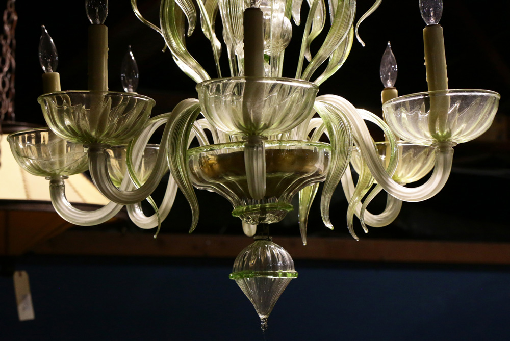 A Murano green to clear art glass chandelier, the seven light fixture with a tiered blown glass - Image 6 of 10