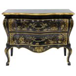 John Widdicomb Japanned commode, fashioned in the Louis XV style,the ebonized bombe form fited