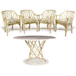 (lot of 5) McGuire, San Francisco, dining room suite, consisting of a table having a circular marble
