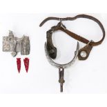 (lot of 2) A Mexican mixed metal silver belt buckle fashioned with a horse saddle, together with a