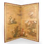 Japanese two-panel screen, 18th century, various flowers and plants, including chrysanthemums and