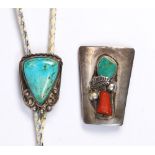 (Lot of 2) Native American, multi-stone, silver bolo ties Including 1) L. Benalty turquoise,