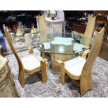(lot of 5) Paul Frankl style bamboo glass top table with four high back chairs, table 28.5"h x 48"w,