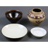 (Lot of 4) Four Chinese ceramic wares, consisting with one white glazed dish incised with "