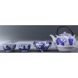 (lot of 4) Japanese group of ceramics, underglazed blue: one teapot, two bowls, one censer on