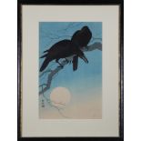 Ohara Koson (Japanese, 1877-1945), "Crows and the Moon", woodblock print, lower left with the