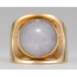 Jadeite, 14k yellow gold ring Featuring (1) round jadeite cabochon, measuring approximately 13 mm,