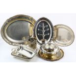 (lot of 10) Assembled lot of silver plate serving pieces with gadrooning: (4) trays, including a