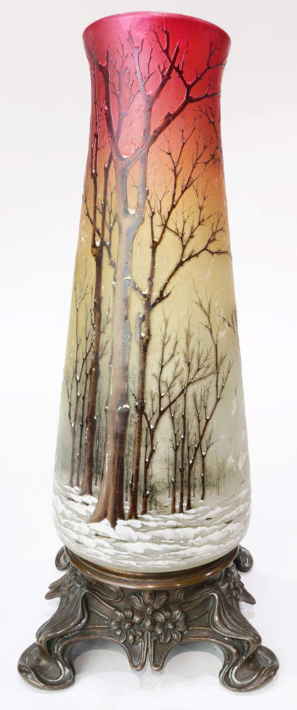 A French Art Nouveau cameo glass vase, executed in four colors, depicting a winter landscape, with - Image 4 of 7