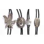 (Lot of 4) Native American, sterling silver, silver bolo ties Including 1) concho silver leather