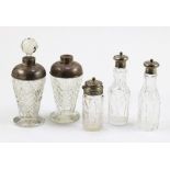 (lot of 5) English sterling mounted cut glass bottles: (2) scent bottles, one with stopper; (3)