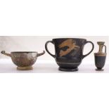 (lot of 3) Greco-Roman style pottery group, consisting of an Oinochoe, a Kylix having incised