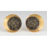 Pair of shakudo and 14k yellow gold cufflinks Featuring (2) shakudo discs, depicting Japanese