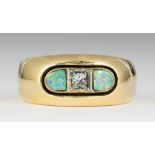 Diamond, opal and 18k yellow gold ring Centering (1) princess-cut diamond, weighing approximately