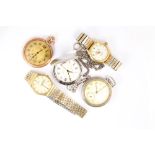 (Lot of 5) 14k yellow gold, metal watches Including 1) Bulova round automatic 23 jewels, 14k