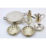 (lot of 8) Assembled group of plated hollowware: a wood handled chocolate pot; a teapot; a footed