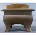 Japanese bronze censer, 19th century, rectangular body on four supports, pierced work to the lid,
