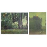 (lot of 2) Karl Schmidt (American, 1890-1962), Untitled (Landscapes with Figures), oils on panel/