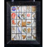 Framed Folk art on tin, depicting various figures in a grid, 11"h x 8.5"w