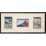 Japanese three small woodblock prints in one frame, consisting of one Katsushika Hokusai (1760-