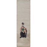 Japanese hanging scroll, ink and color on silk, legendary wonder boy, Kintaro riding the bear,