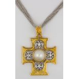 Mabe pearl, yellow gold and platinum cross pendant necklace Centering (1) mabe pearl, measuring