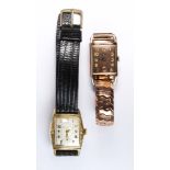 (Lot of 2) Bulova gold-filled, metal wristwatches Including 1) Bulova, rectangle, mechanical rose-