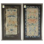(lot of 2) A pair of Chinese embroidery panels, each depicted with peony flowers surrounded by