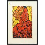 "Old Woman," woodblock print in colors, pencil signed "PS Akaka" lower right, titled lower left,