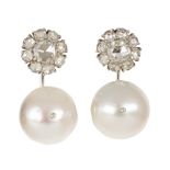 Pair of South Sea cultured pearl, diamond, white gold convertible earrings Featuring (18) rose-cut